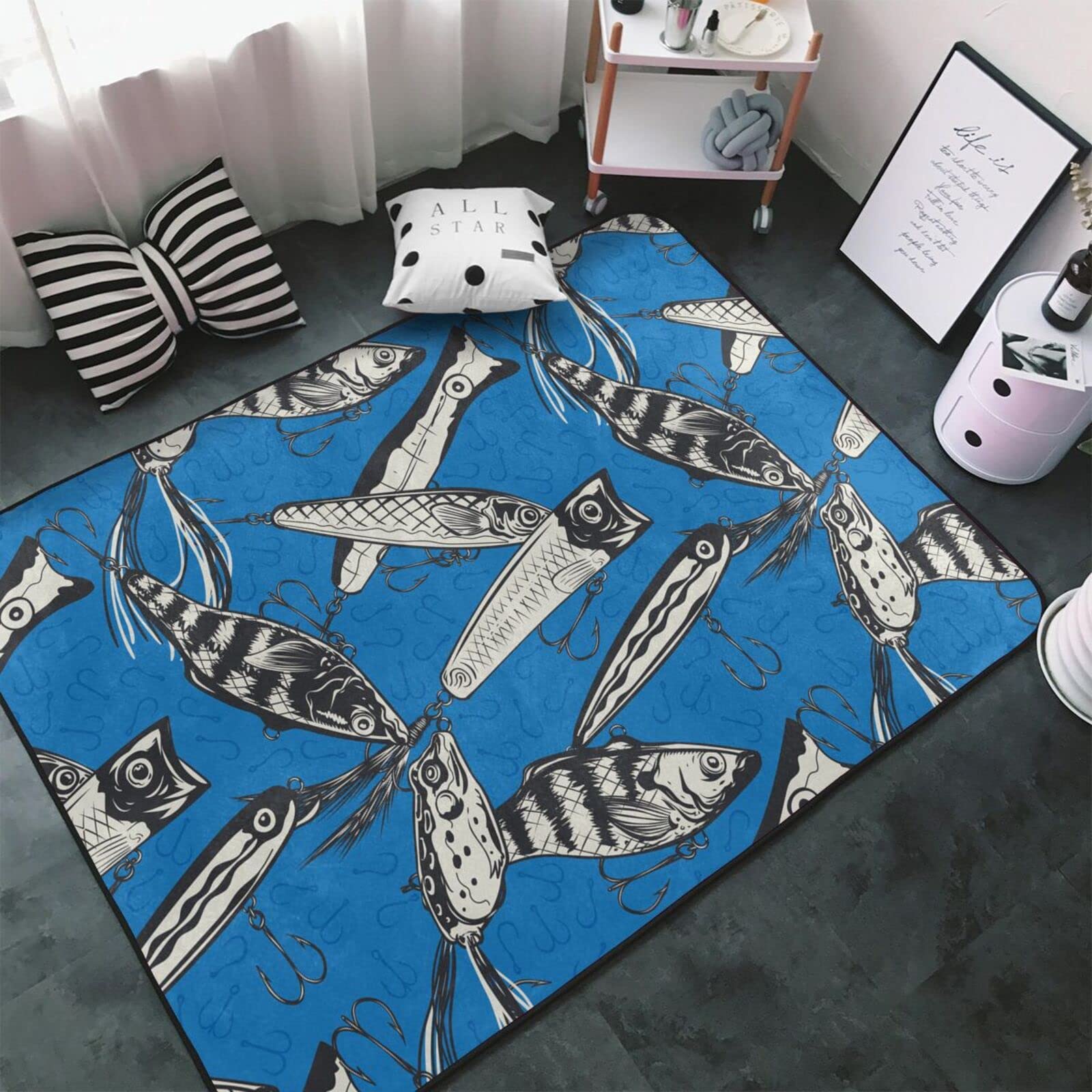 Amazon | ルアー柄 釣り柄 魚柄 釣り カーペット 長方形 ラグマット